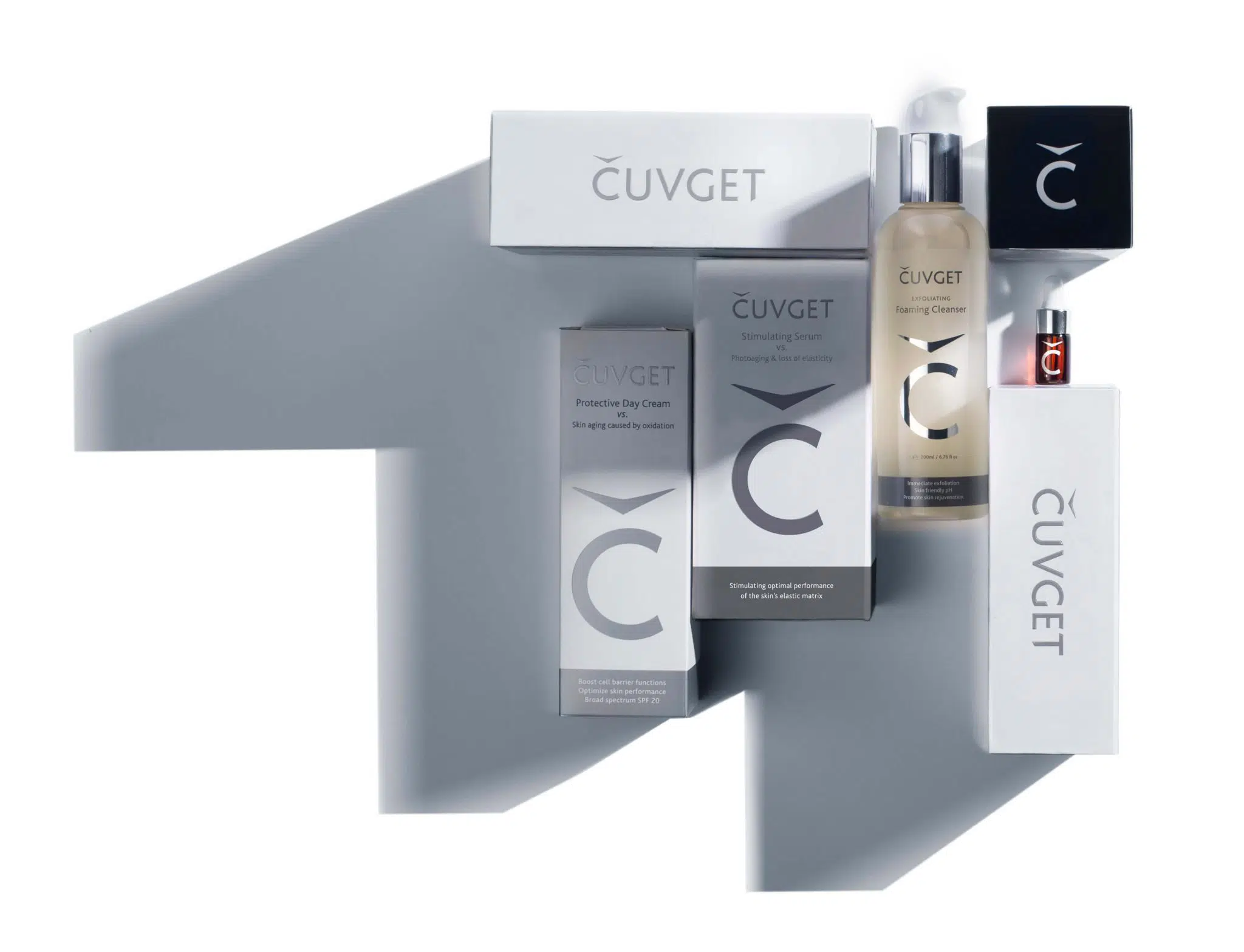Set of Čuvget medical-grade skin care products focusing on hydration and collagen production