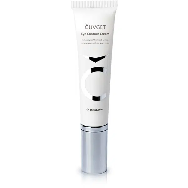 Tube of Čuvget Eye Contour Cream formulated with caffeine and peptides to treat puffiness and dark circles