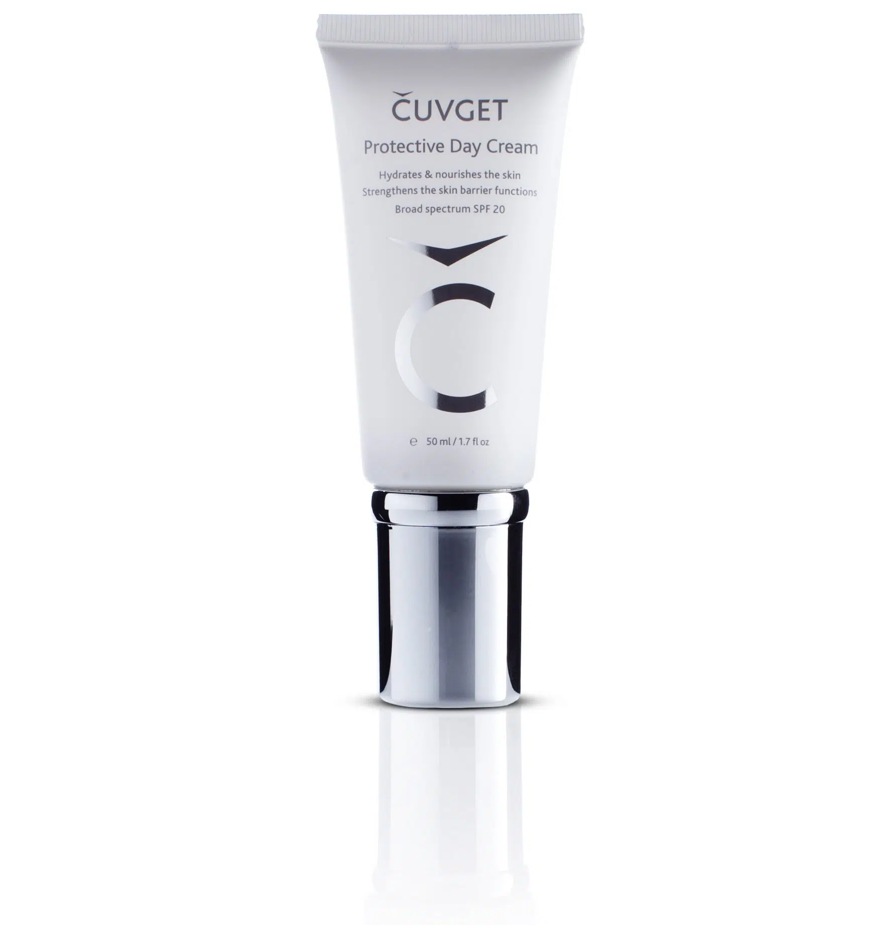 Tube of Čuvget Protective Day Cream designed for UV protection, skin barrier function, and reducing dark circles