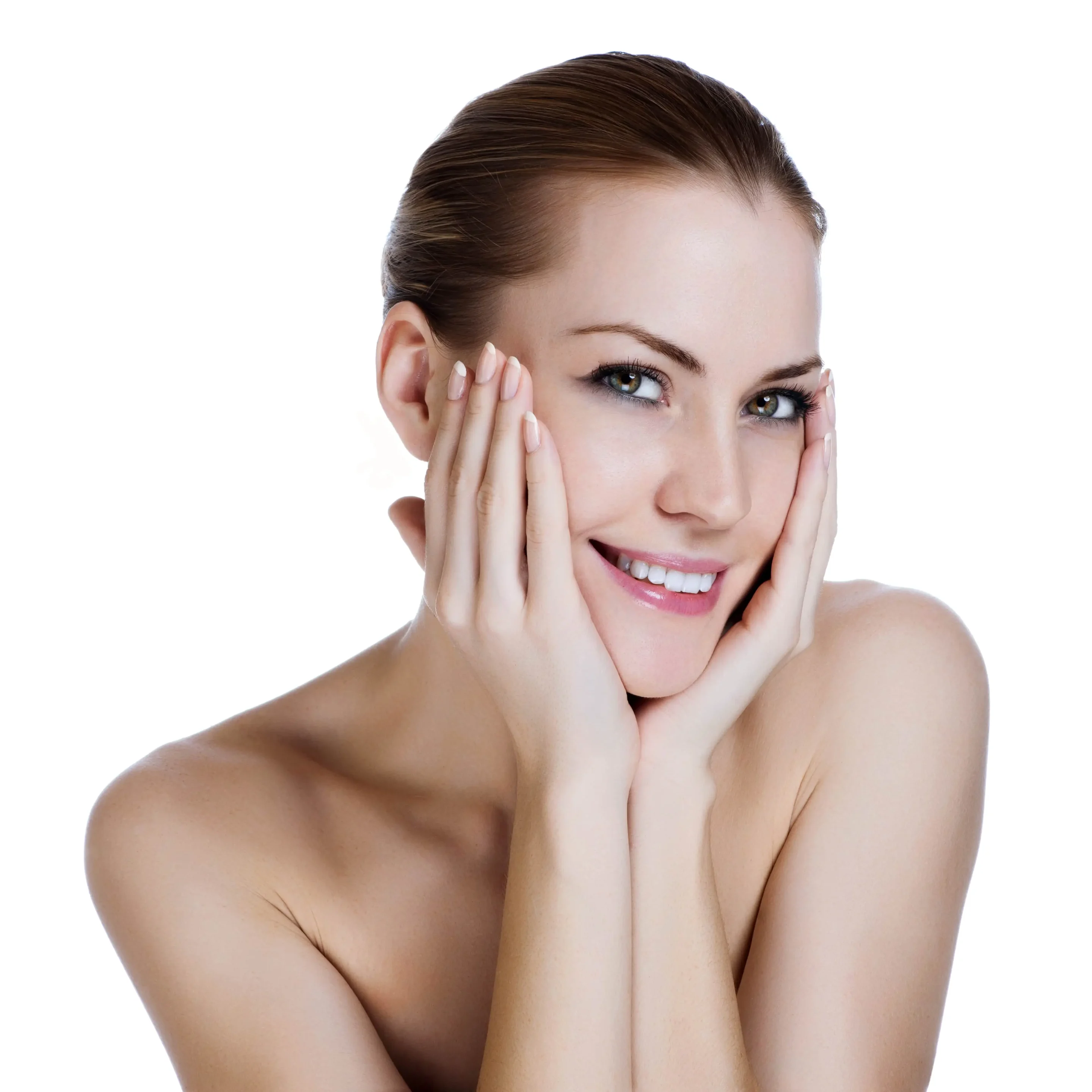 Woman touching her smooth face representing the youthful and toxin-free results of holistic aesthetic treatments